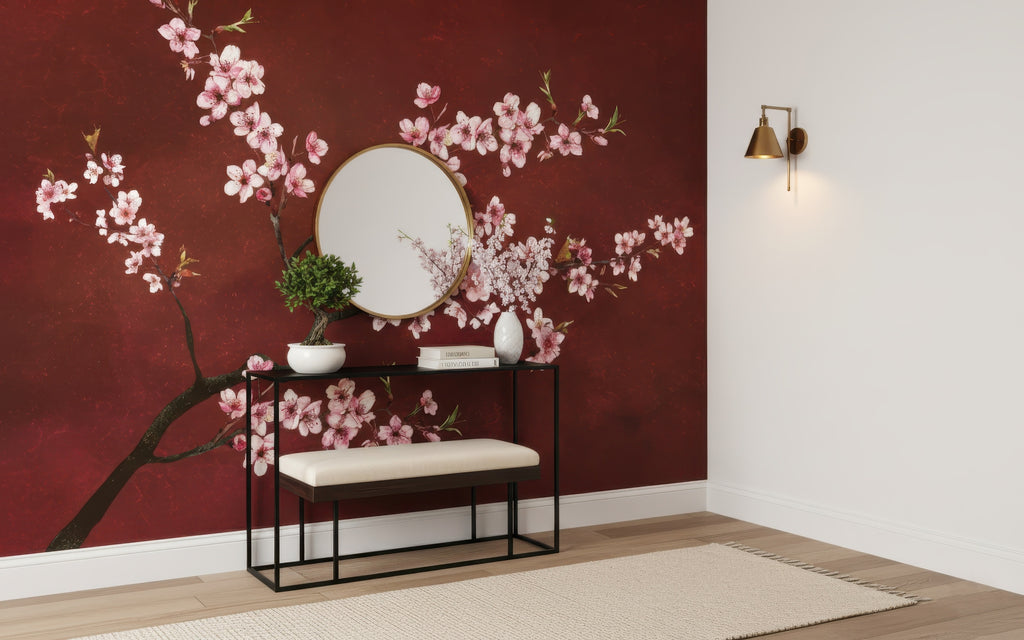 Pink Sakura on Burgundy wallpaper in a styled room, view 3
