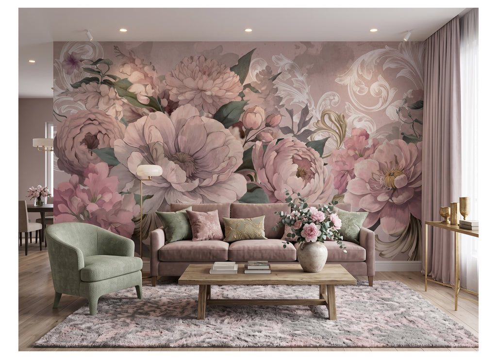 Blush Oversized Flowers & Classical Motifs wallpaper in a styled room, view 1