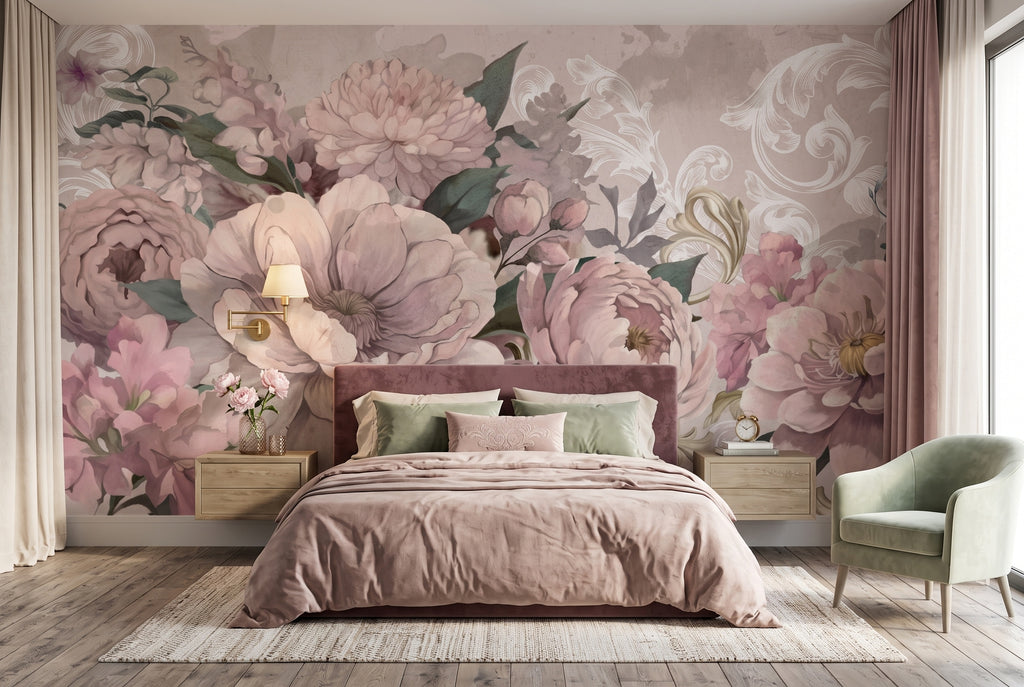 Blush Oversized Flowers & Classical Motifs wallpaper in a styled room, view 2
