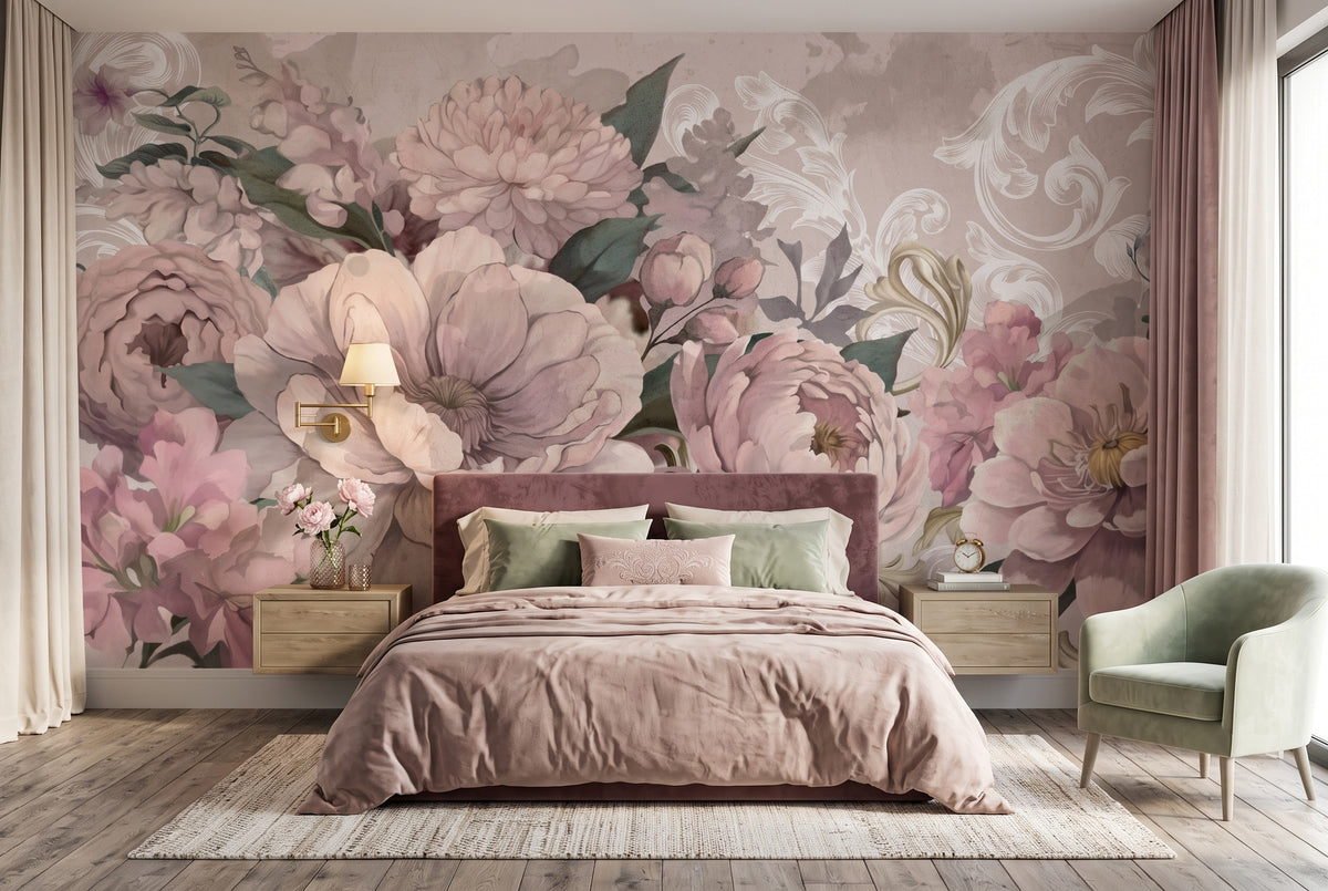 Blush Oversized Flowers & Classical Motifs wallpaper in a styled room, view 2