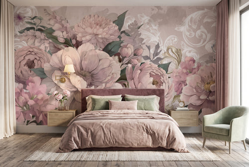 Blush Oversized Flowers & Classical Motifs wallpaper in a styled room, view 2