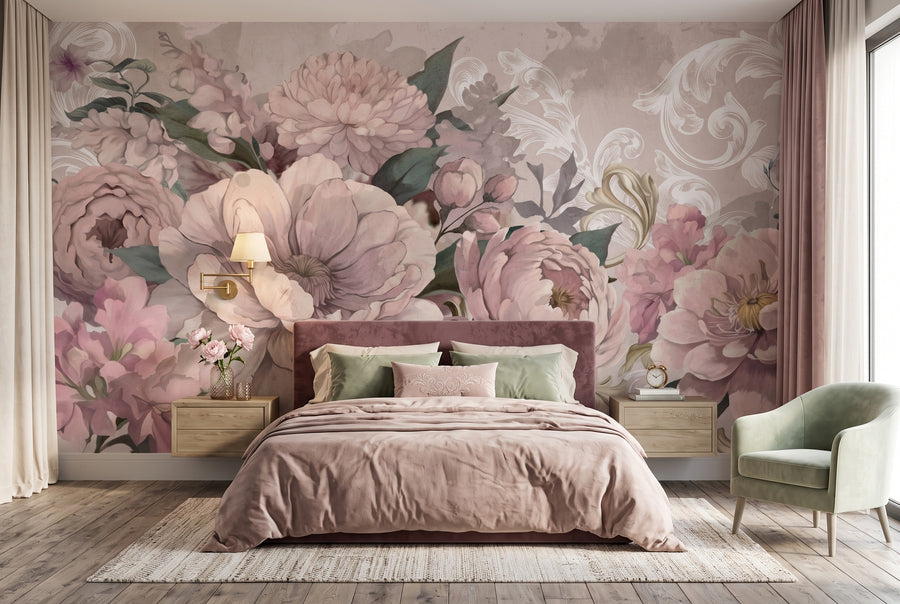 Blush Oversized Flowers & Classical Motifs wallpaper in a styled room, view 2