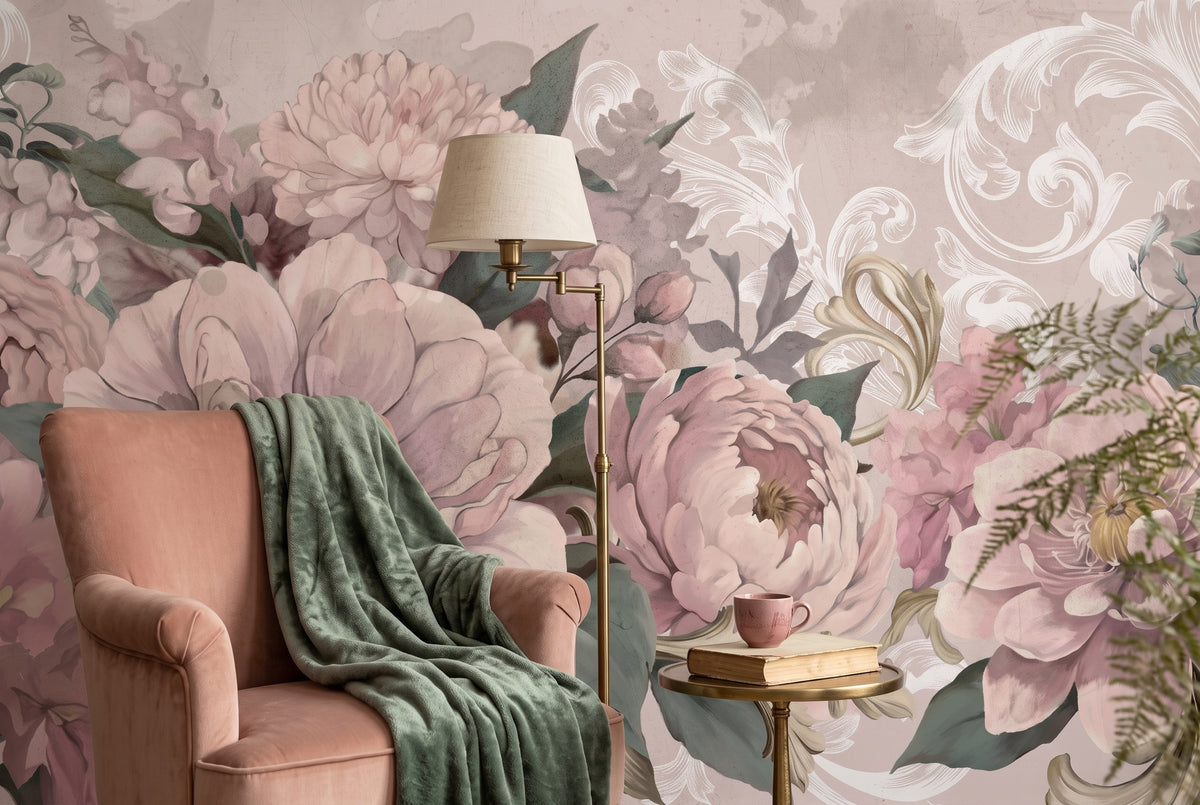 Blush Oversized Flowers & Classical Motifs wallpaper in a styled room, view 3