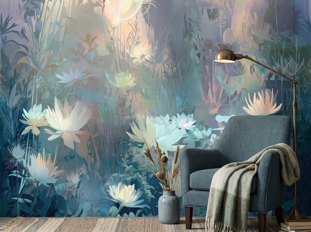 Blue Watercolor Water Lily Garden wallpaper in a styled room, view 2