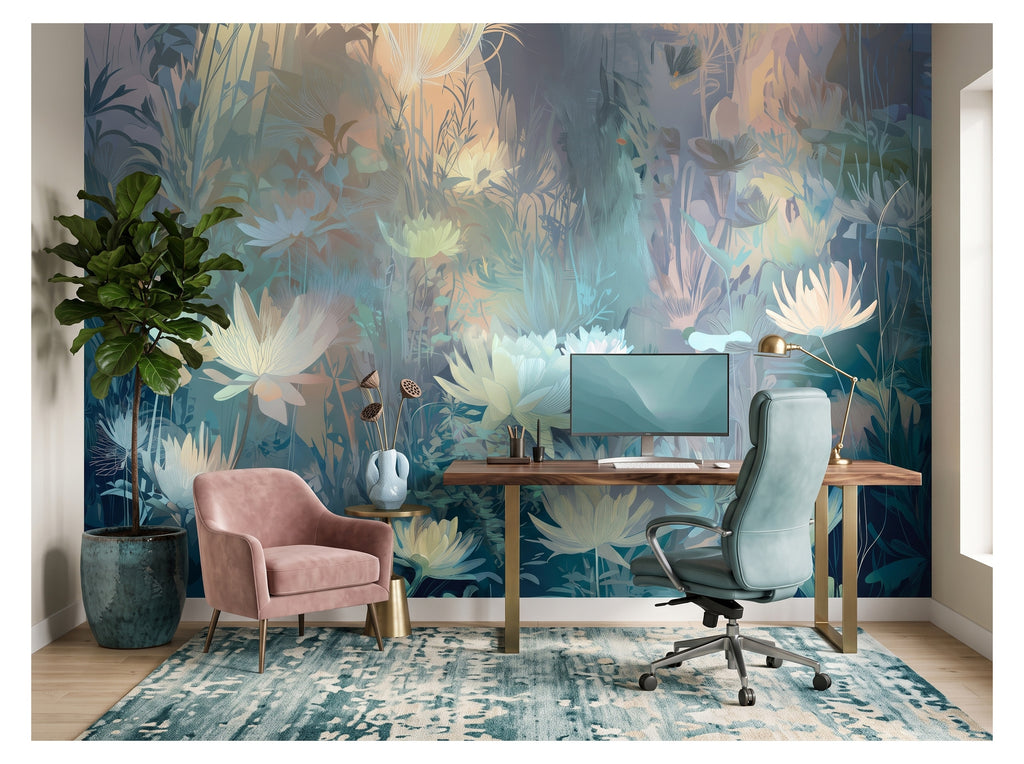 Blue Watercolor Water Lily Garden wallpaper in a styled room, view 3