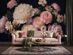 Pink Roses & Flowers on Black wallpaper in a styled room, view 1