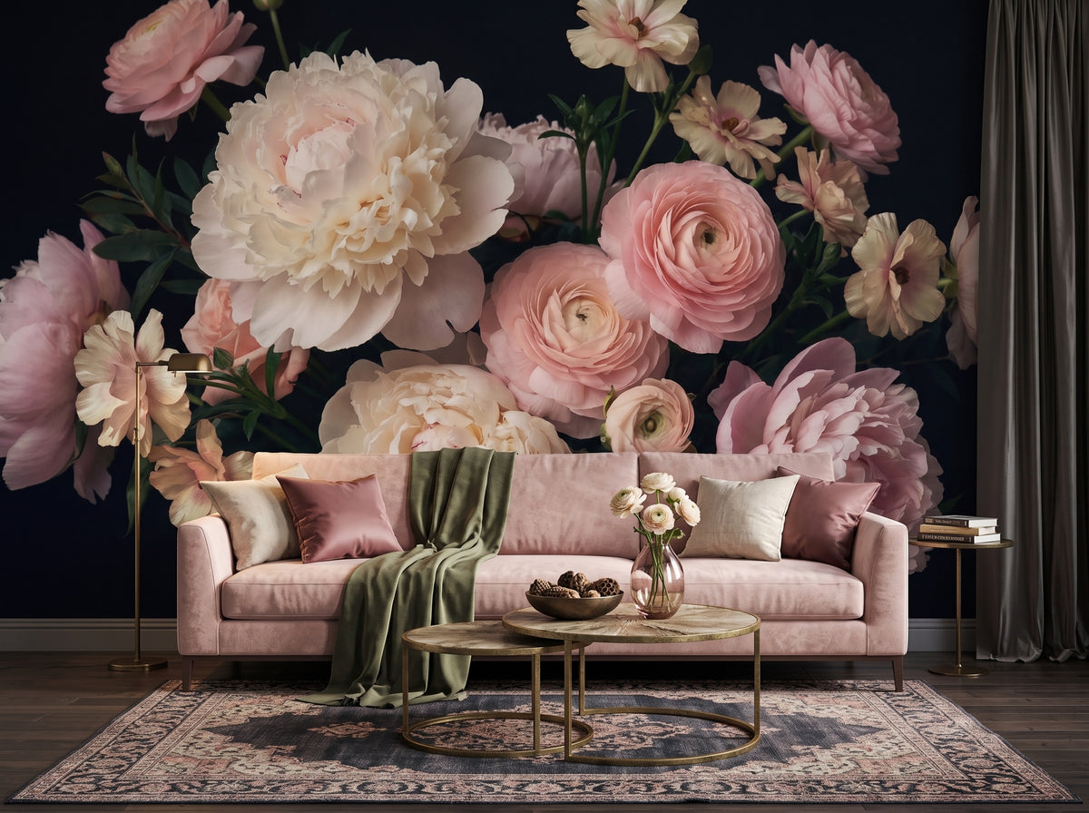 Pink Roses & Flowers on Black wallpaper in a styled room, view 1