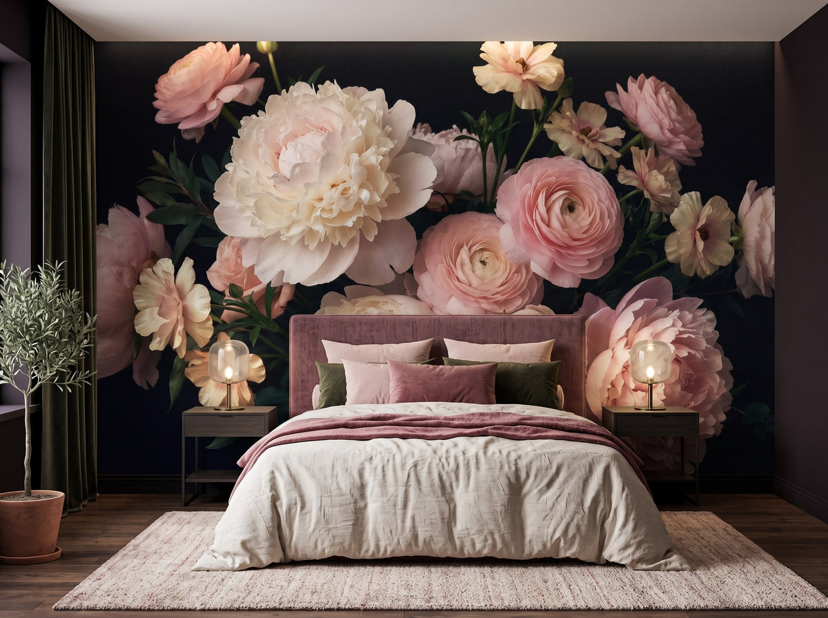 Pink Roses & Flowers on Black wallpaper in a styled room, view 2
