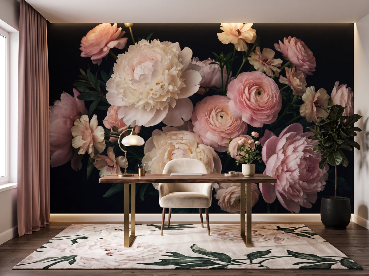 Pink Roses & Flowers on Black wallpaper in a styled room, view 3