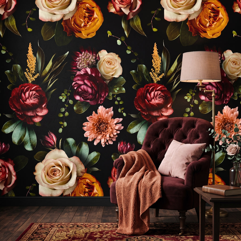 Vintage Flower Garden on Black wallpaper in a styled room, view 1