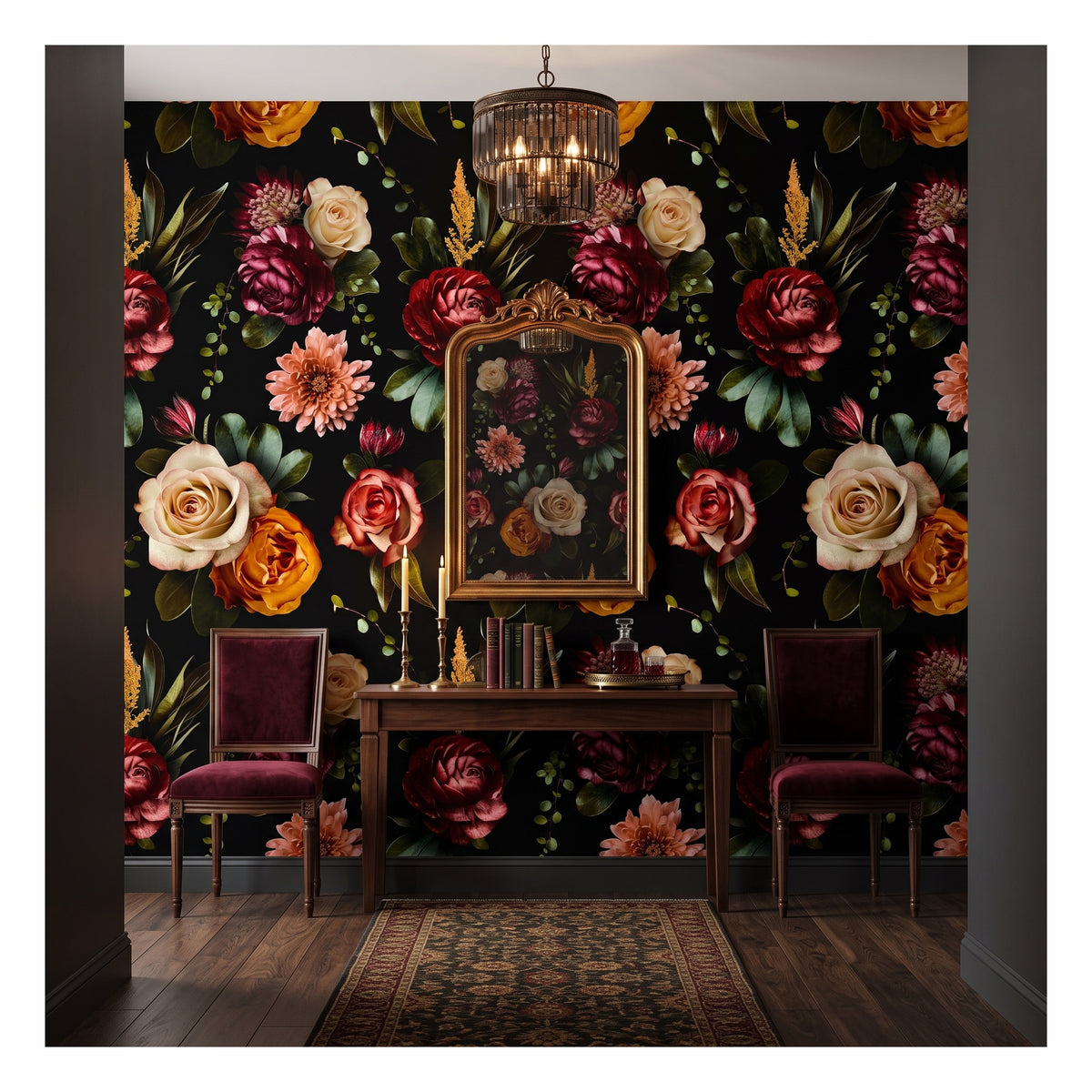 Vintage Flower Garden on Black wallpaper in a styled room, view 2