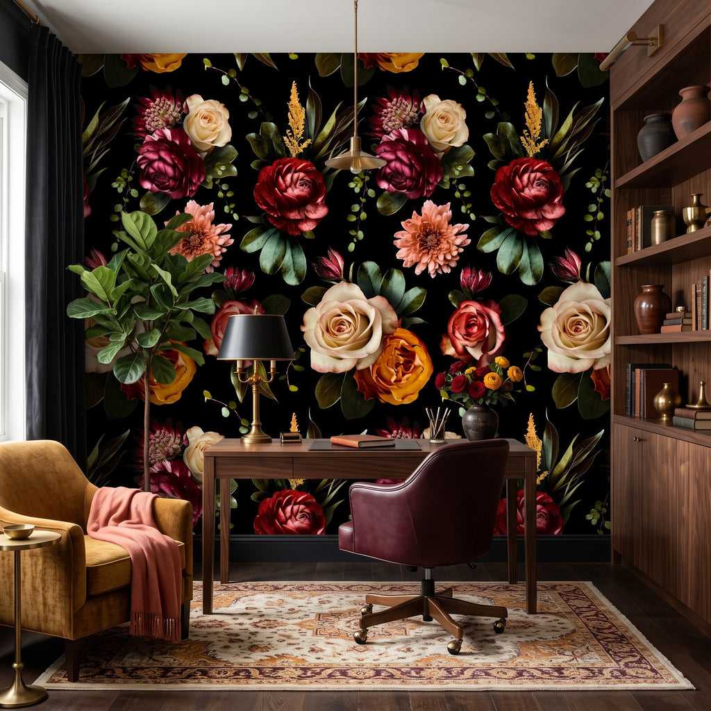 Vintage Flower Garden on Black wallpaper in a styled room, view 3