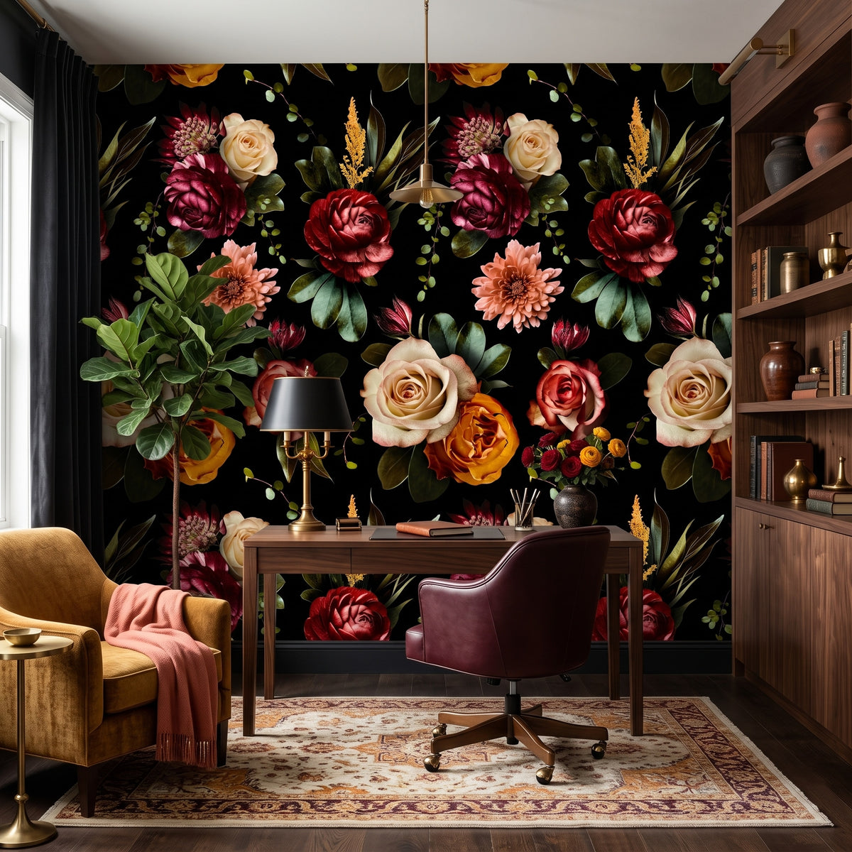 Vintage Flower Garden on Black wallpaper in a styled room, view 3