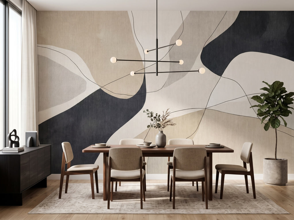 Beige & Black Organic Waves wallpaper in a styled room, view 2