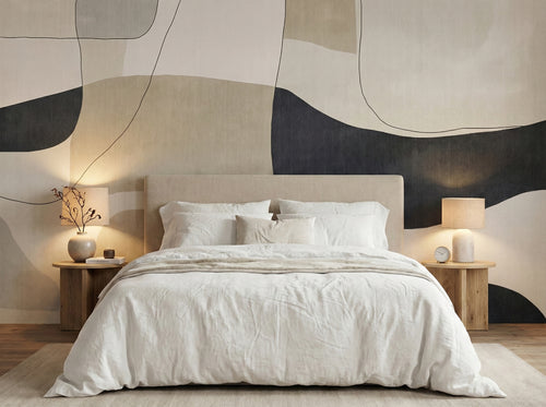 Beige & Charcoal Abstract Forms wallpaper in a styled room, view 2