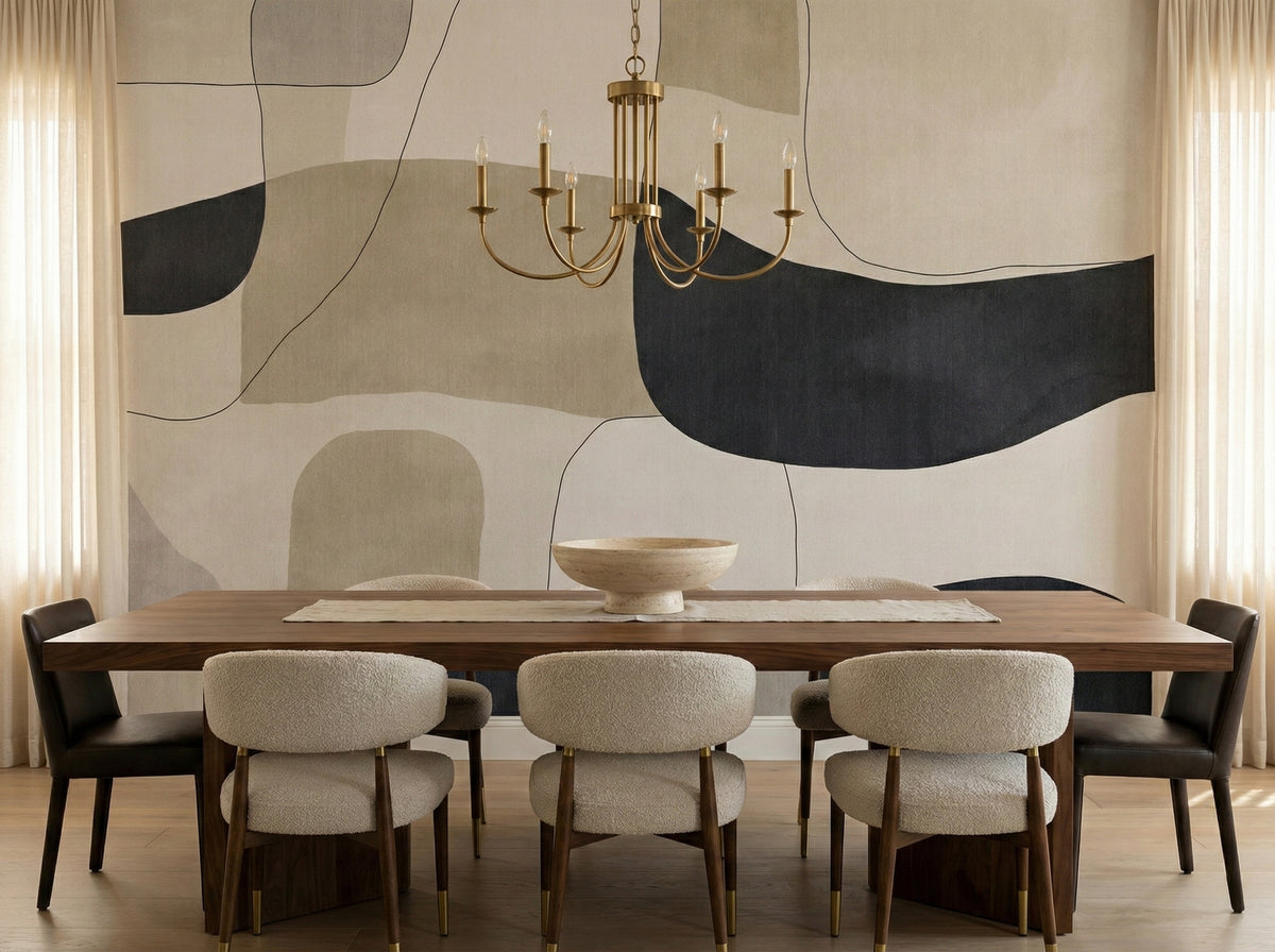 Beige & Charcoal Abstract Forms wallpaper in a styled room, view 3