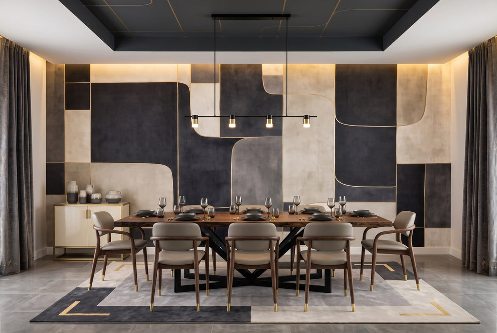 Black & Beige Retro Geometric Blocks wallpaper in a styled room, view 2