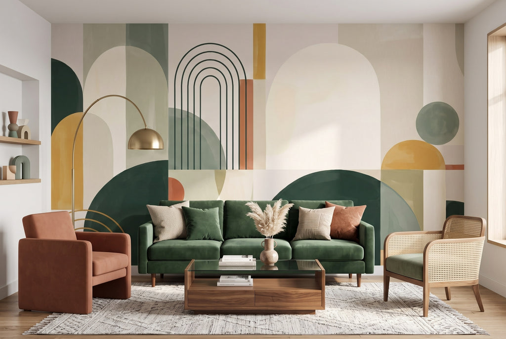 Green & Mustard Geometric Arches wallpaper in a styled room, view 1