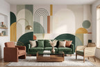 Green & Mustard Geometric Arches wallpaper in a styled room, view 1