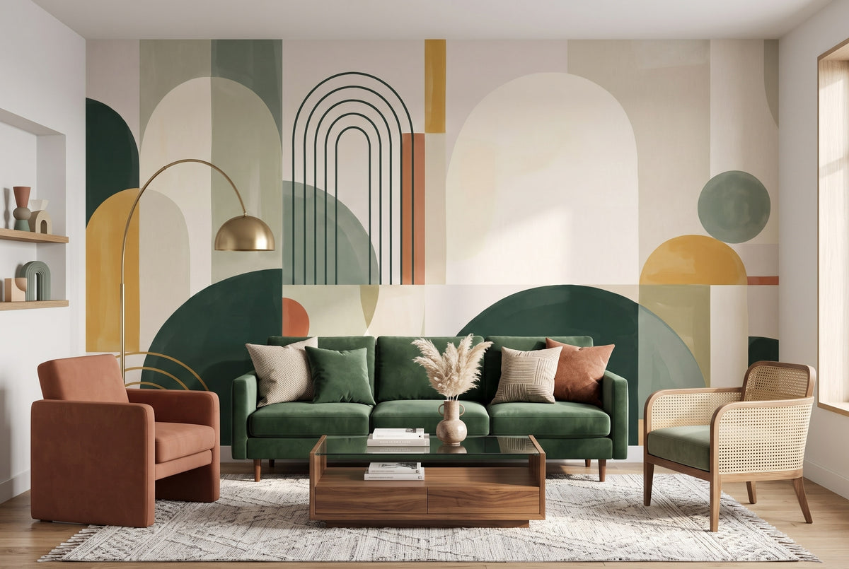 Green & Mustard Geometric Arches wallpaper in a styled room, view 1