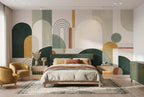 Green & Mustard Geometric Arches wallpaper in a styled room, view 2