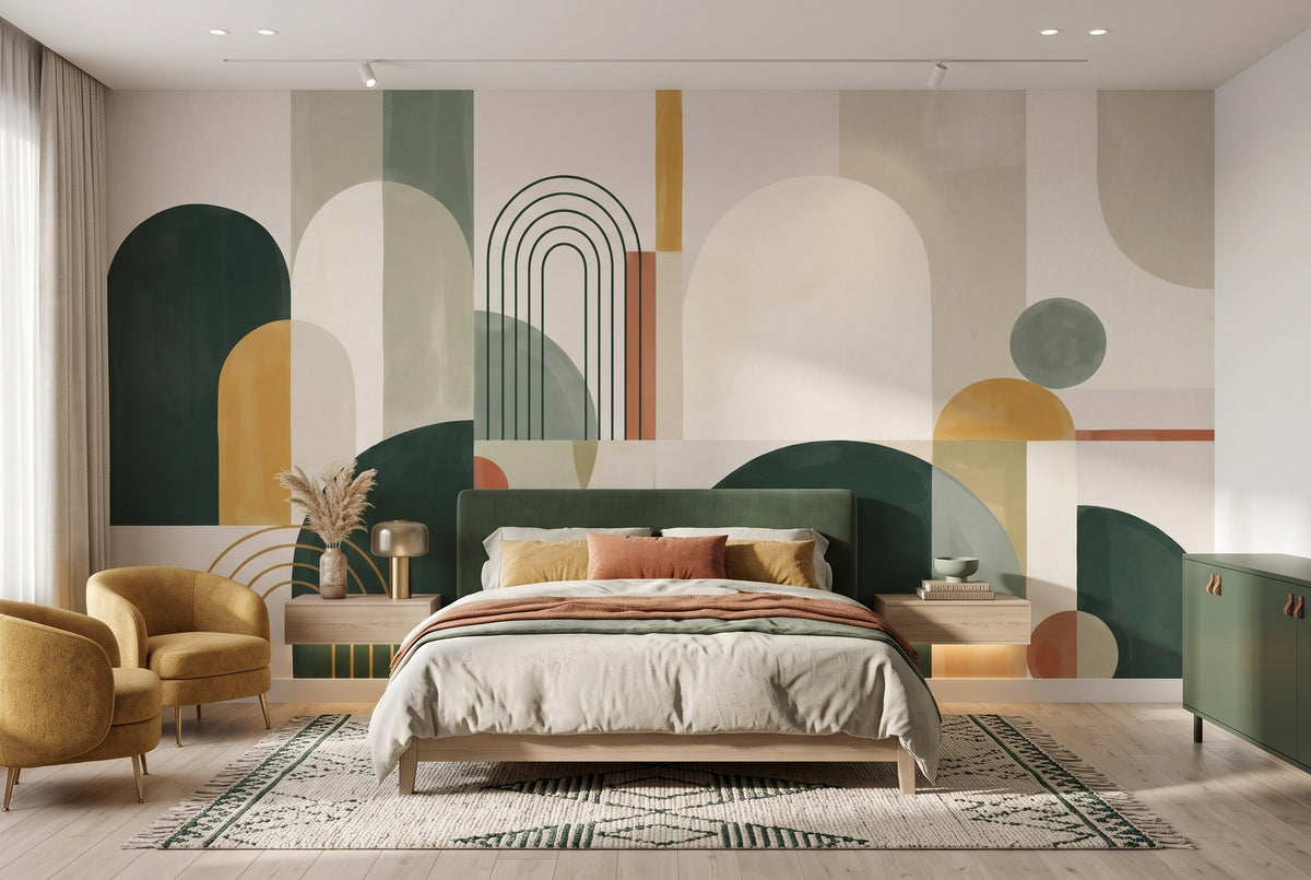 Green & Mustard Geometric Arches wallpaper in a styled room, view 2