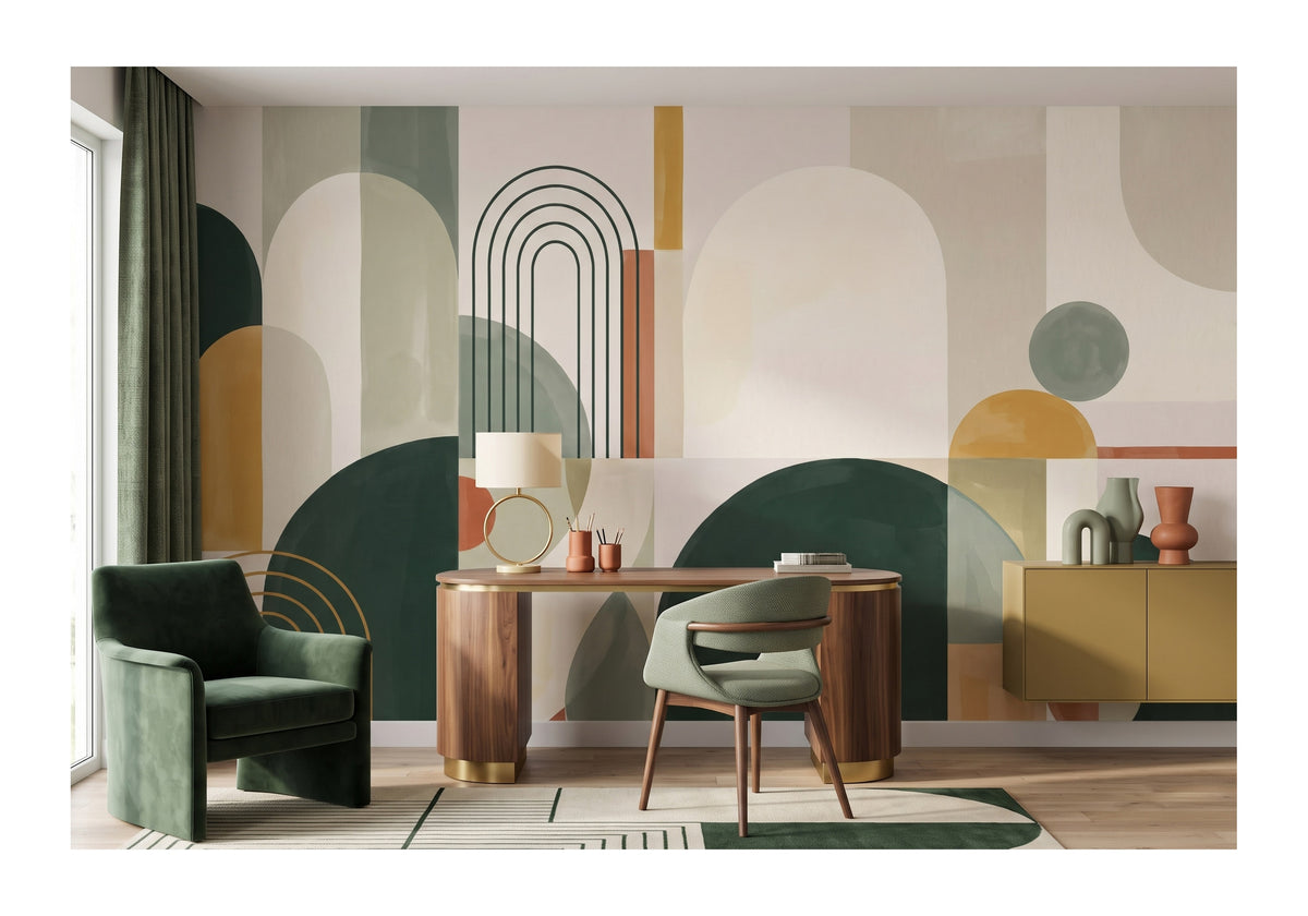 Green & Mustard Geometric Arches wallpaper in a styled room, view 3
