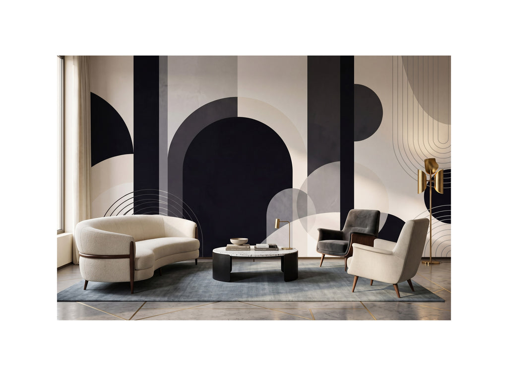 Monochrome Abstract Arches wallpaper in a styled room, view 1