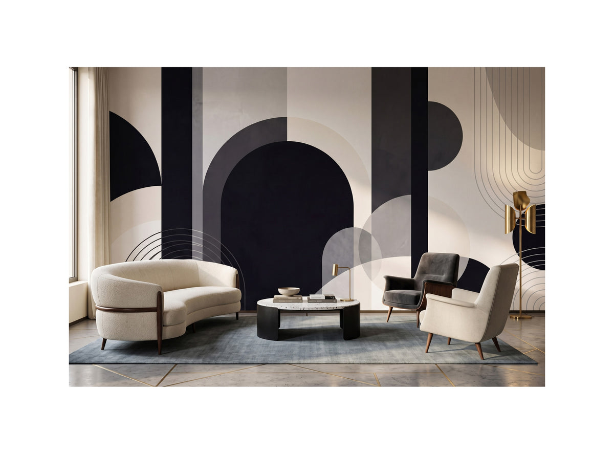 Monochrome Abstract Arches wallpaper in a styled room, view 1