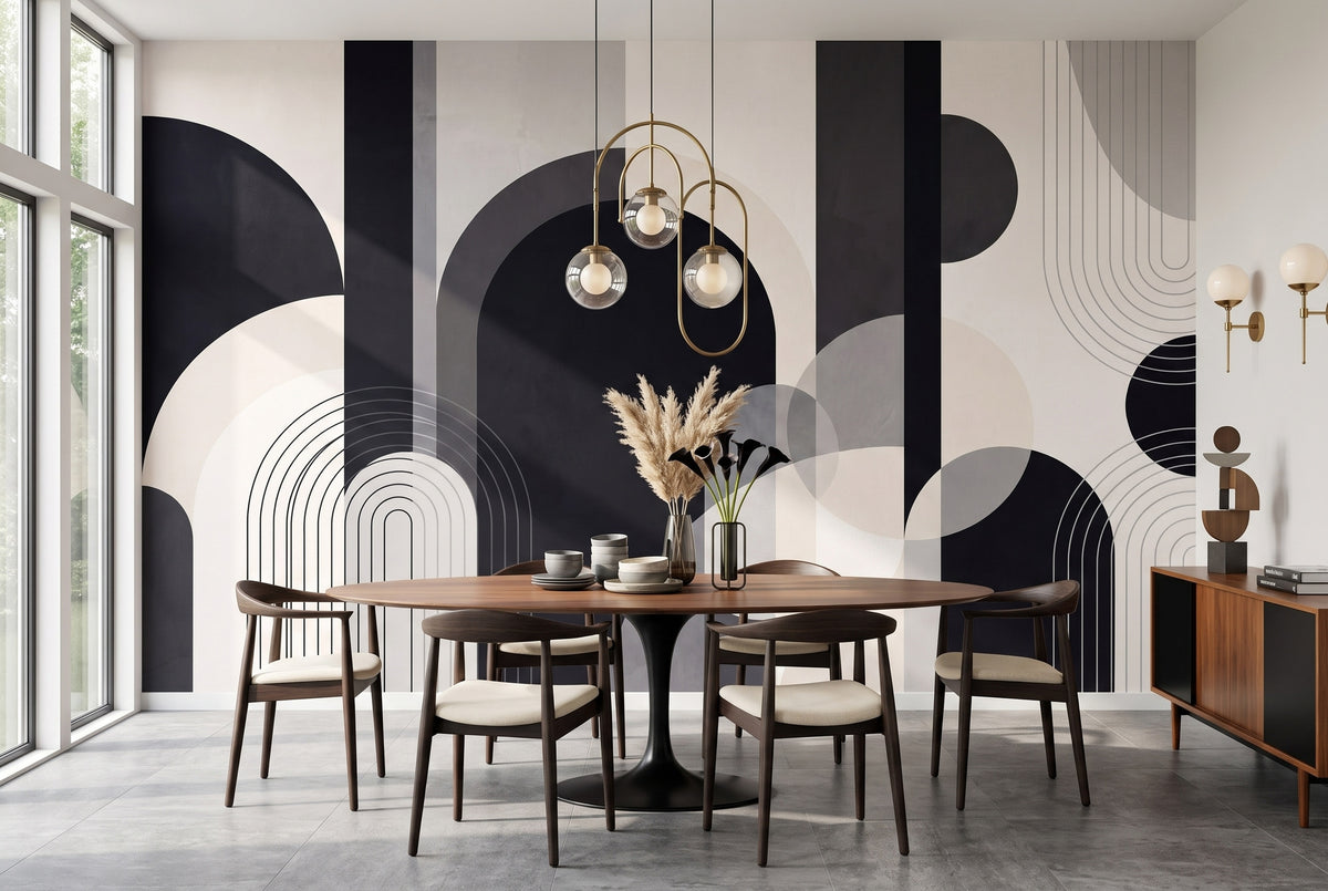 Monochrome Abstract Arches wallpaper in a styled room, view 2