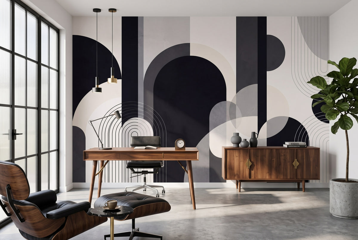 Monochrome Abstract Arches wallpaper in a styled room, view 3
