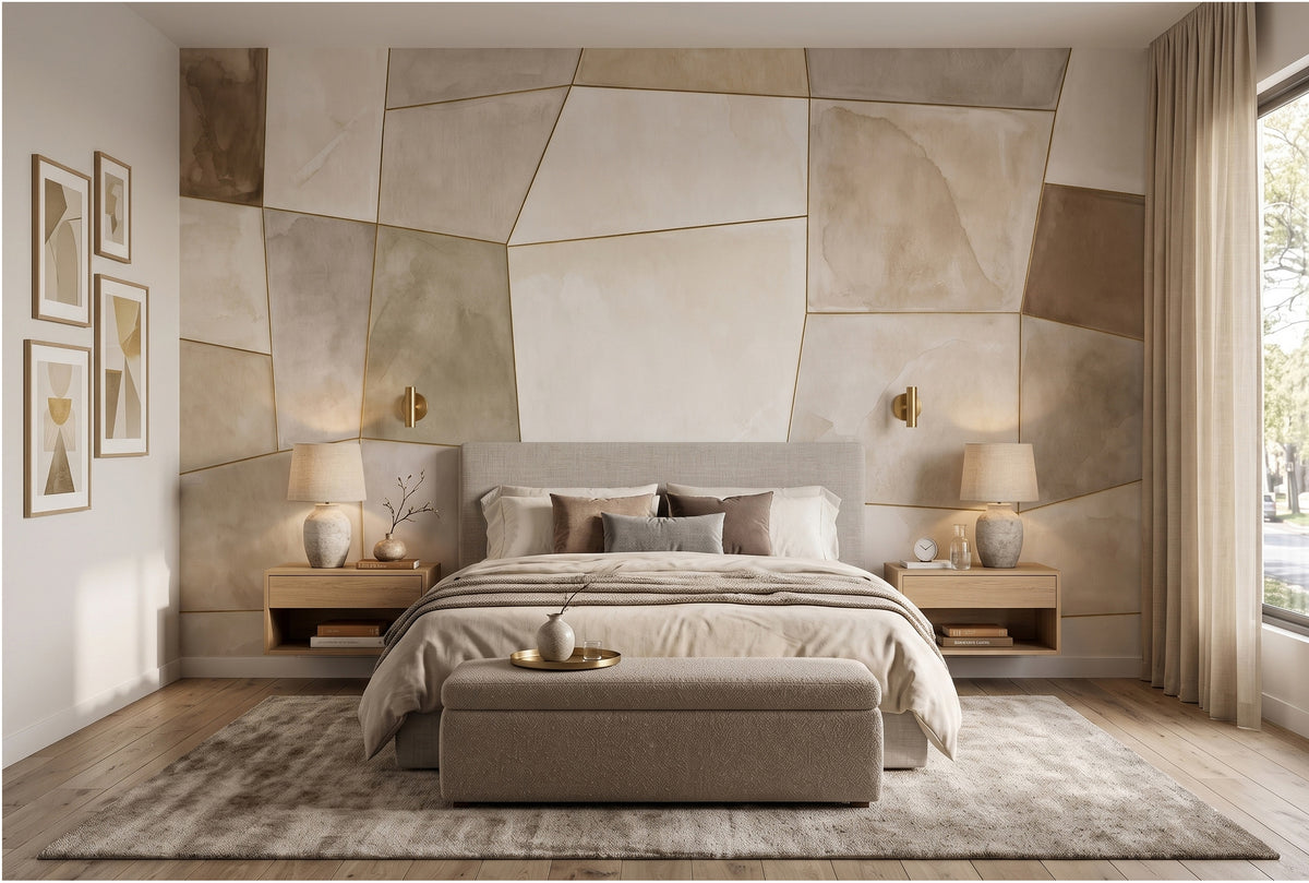 Neutral Stone Geometric Panels wallpaper in a styled room, view 2
