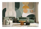 Green & Mustard Retro Circles wallpaper in a styled room, view 1