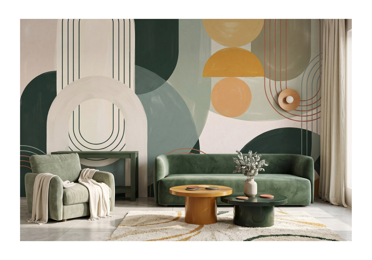 Green & Mustard Retro Circles wallpaper in a styled room, view 1