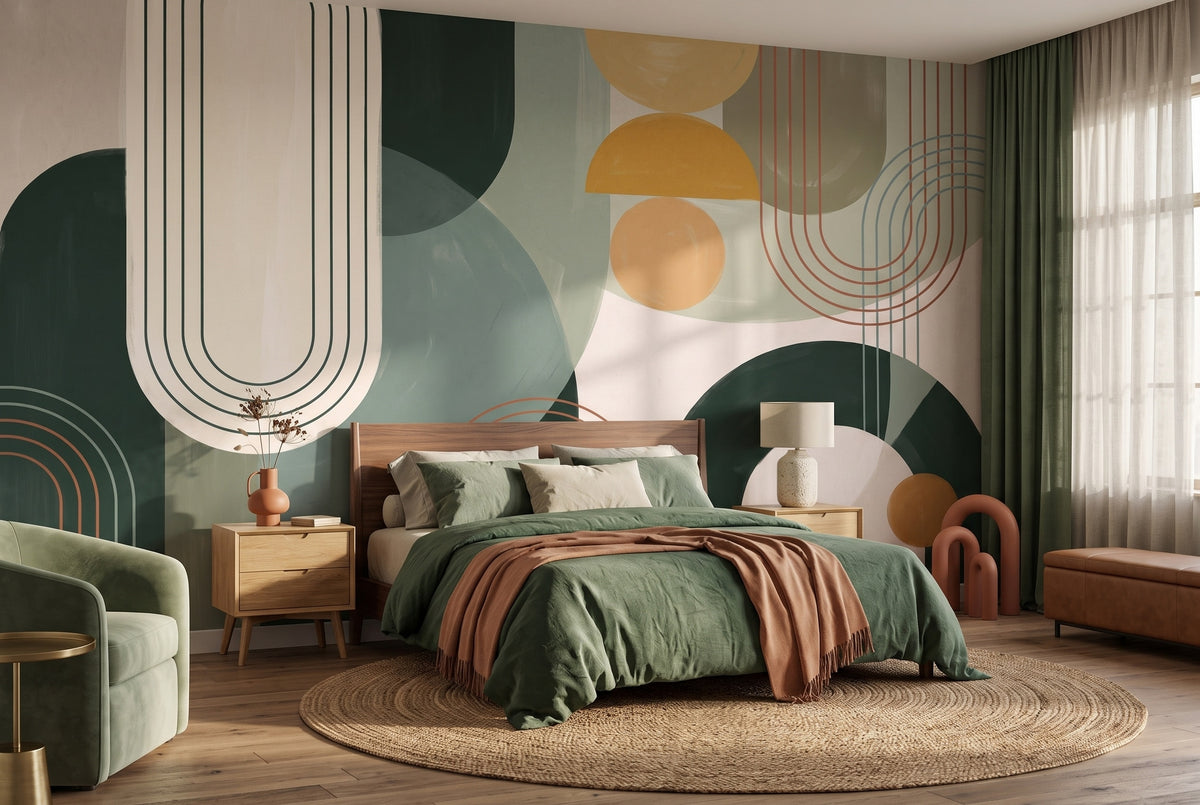 Green & Mustard Retro Circles wallpaper in a styled room, view 2