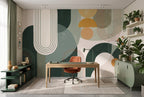 Green & Mustard Retro Circles wallpaper in a styled room, view 3