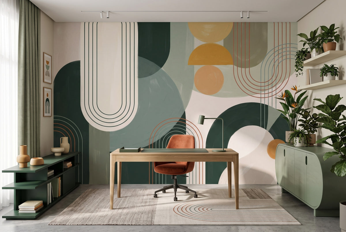 Green & Mustard Retro Circles wallpaper in a styled room, view 3