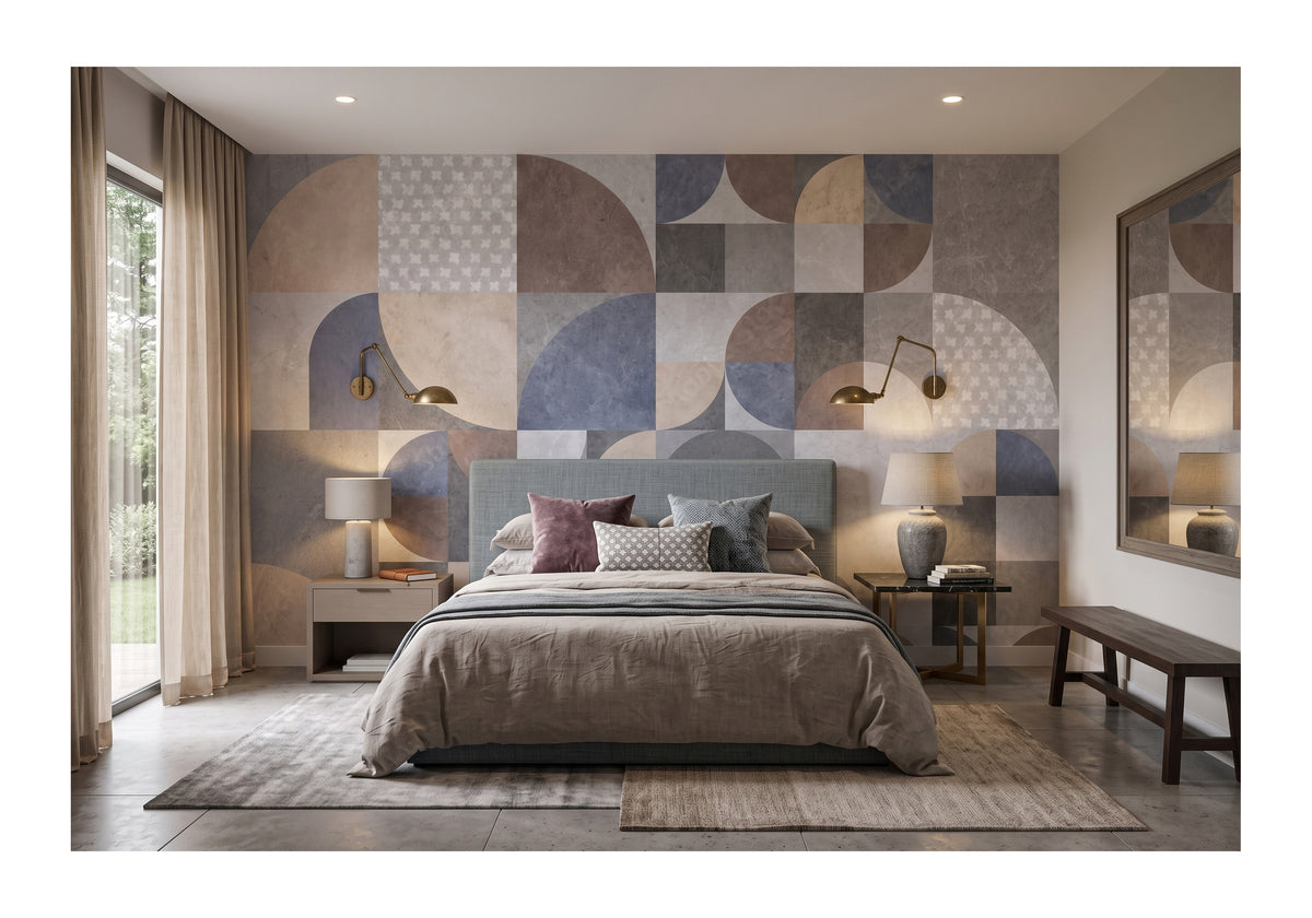 Blue, Gray & Beige Circles and Arches wallpaper in a styled room, view 1