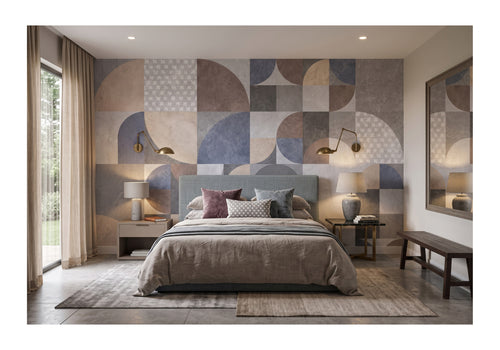 Blue, Gray & Beige Circles and Arches wallpaper in a styled room, view 1