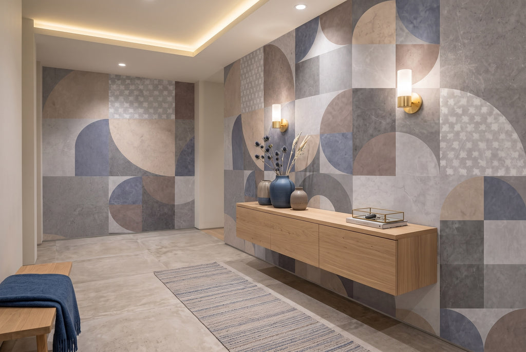 Blue, Gray & Beige Circles and Arches wallpaper in a styled room, view 2