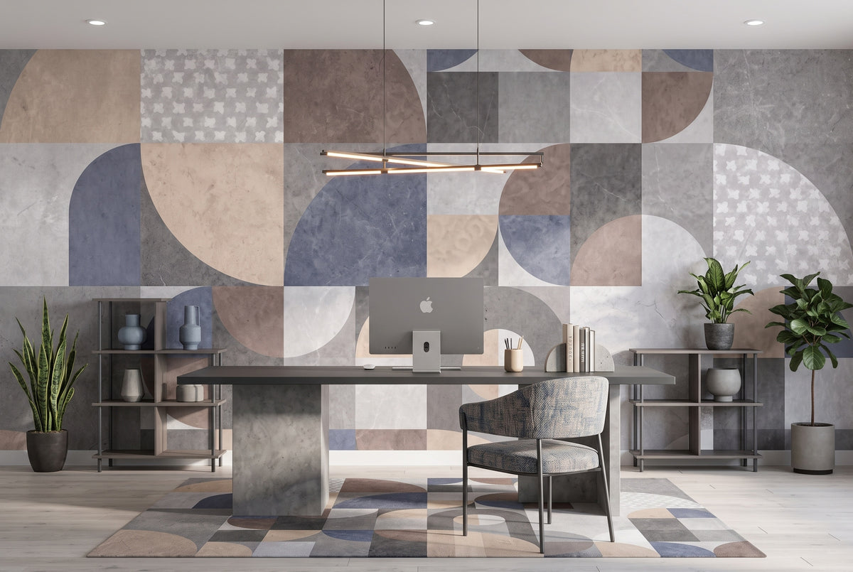 Blue, Gray & Beige Circles and Arches wallpaper in a styled room, view 3