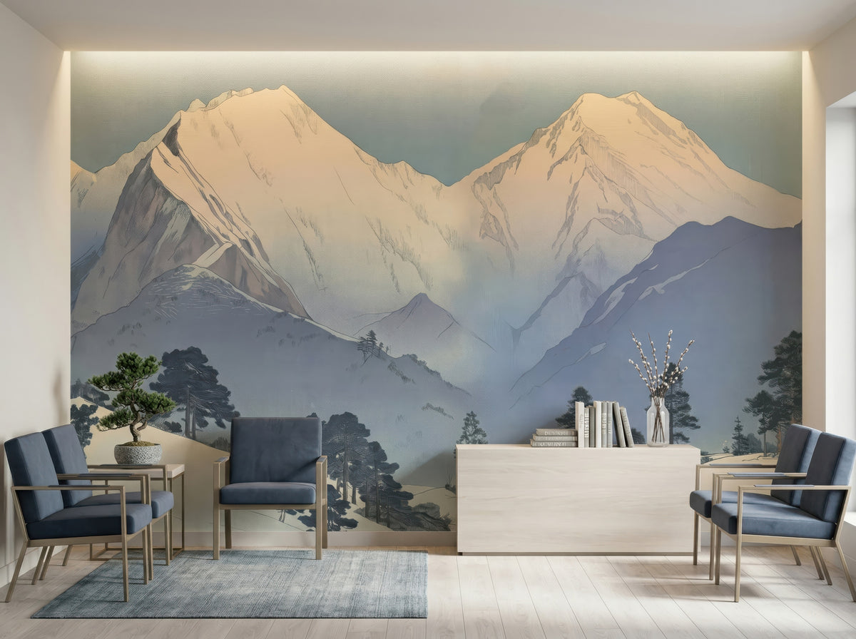 Japanese Blue Mountains & Pine Forest wallpaper in a styled room, view 2