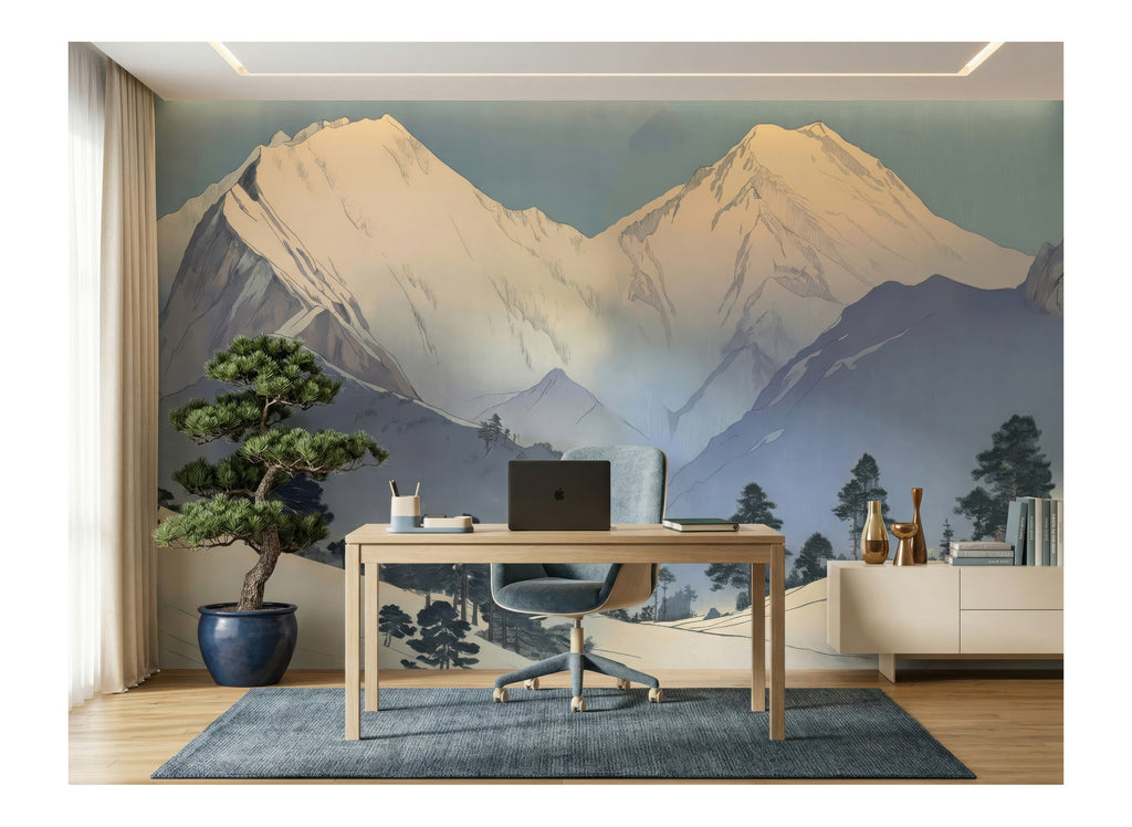 Japanese Blue Mountains & Pine Forest wallpaper in a styled room, view 3