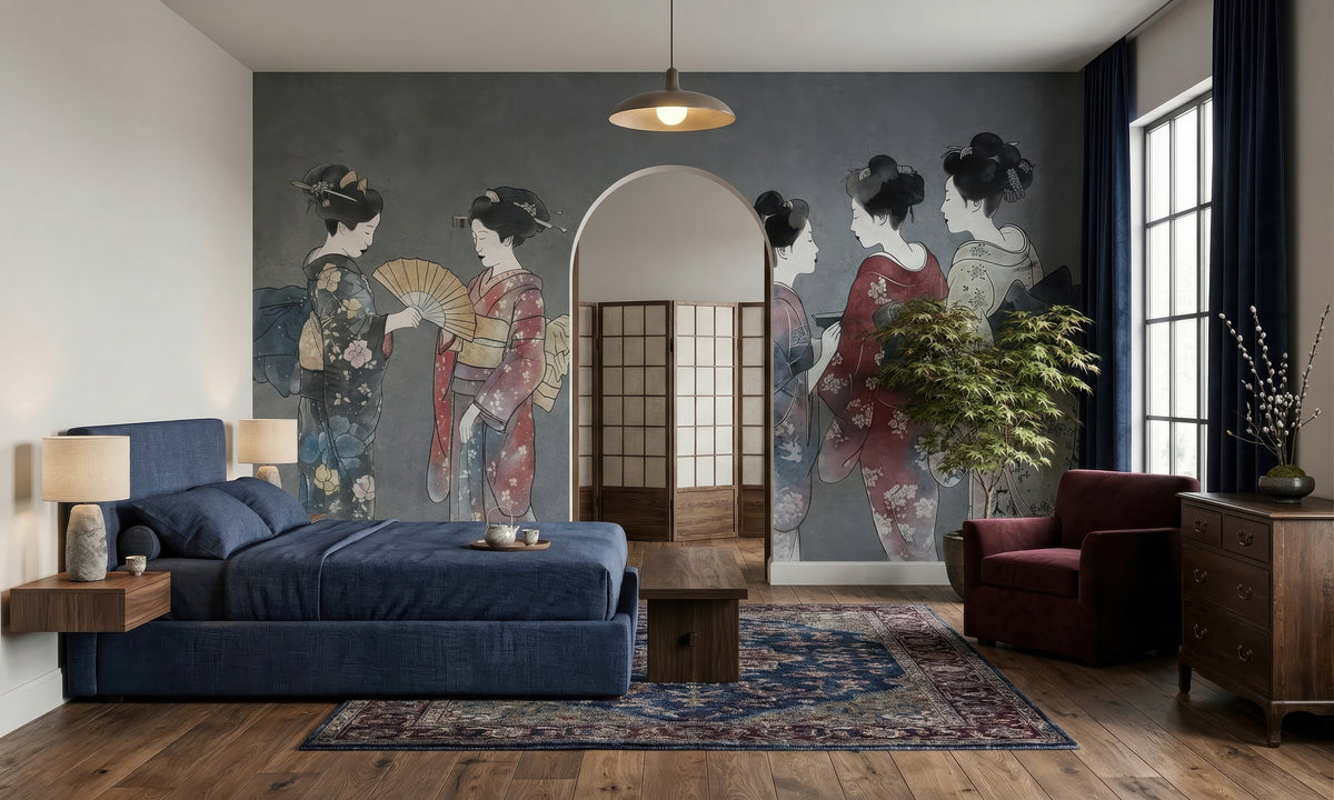 Traditional Japanese Kimono Figures wallpaper in a styled room, view 1