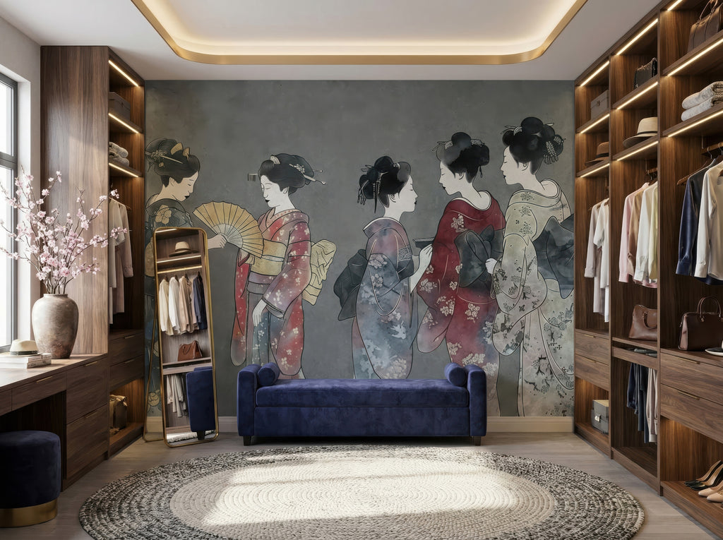 Traditional Japanese Kimono Figures wallpaper in a styled room, view 2