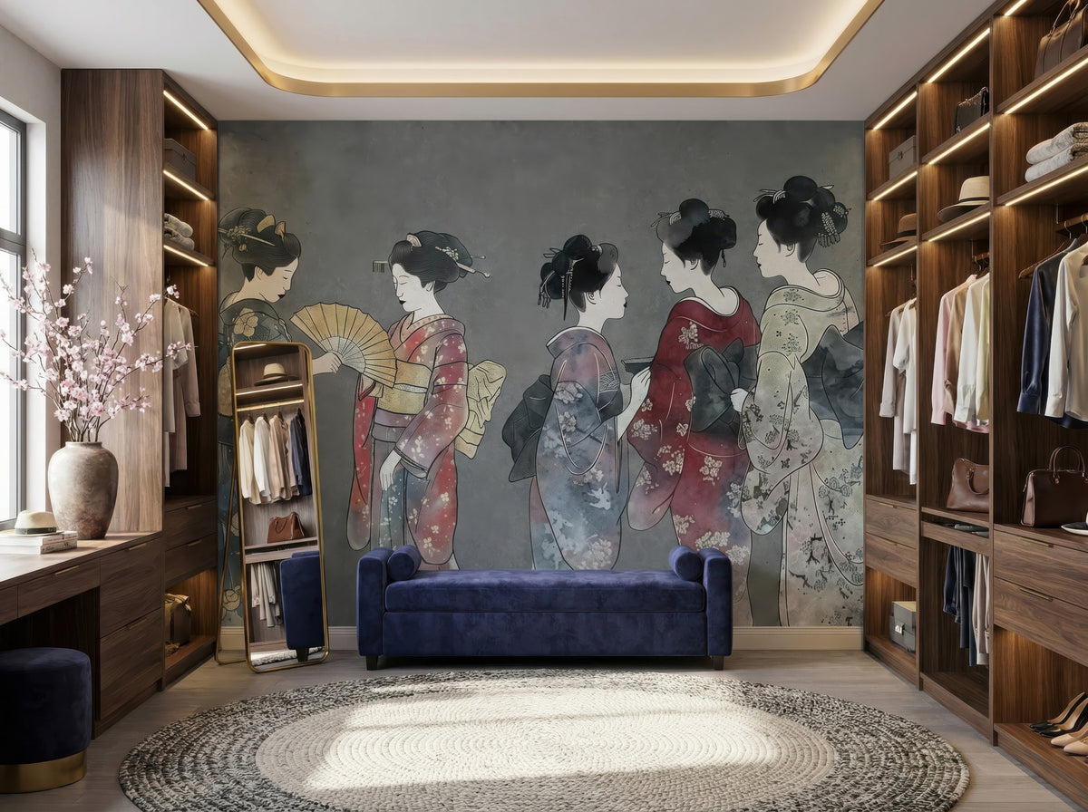 Traditional Japanese Kimono Figures wallpaper in a styled room, view 2