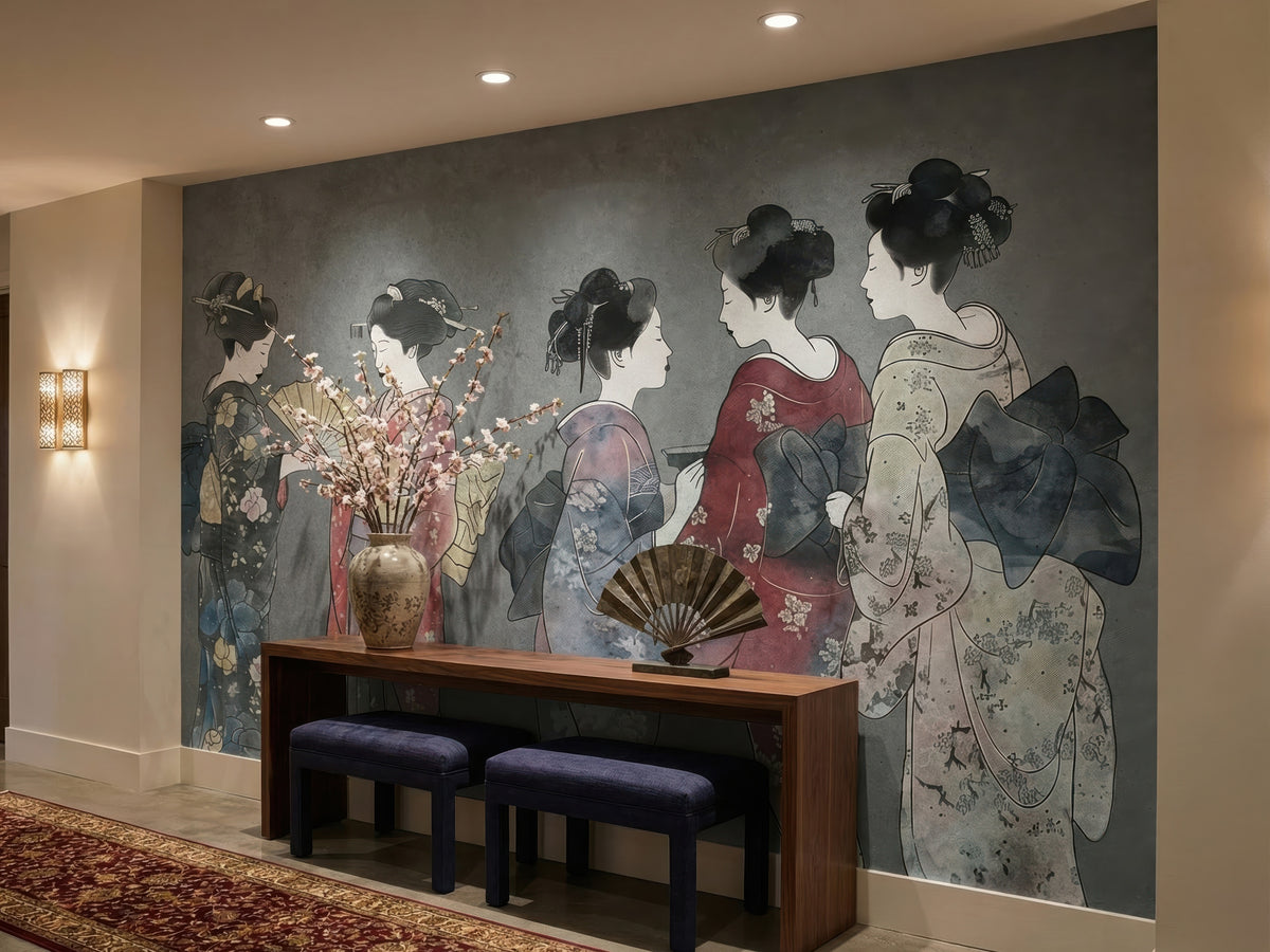 Traditional Japanese Kimono Figures wallpaper in a styled room, view 3