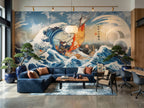 Japanese Inspired Waves & Sailboat wallpaper in a styled room, view 1