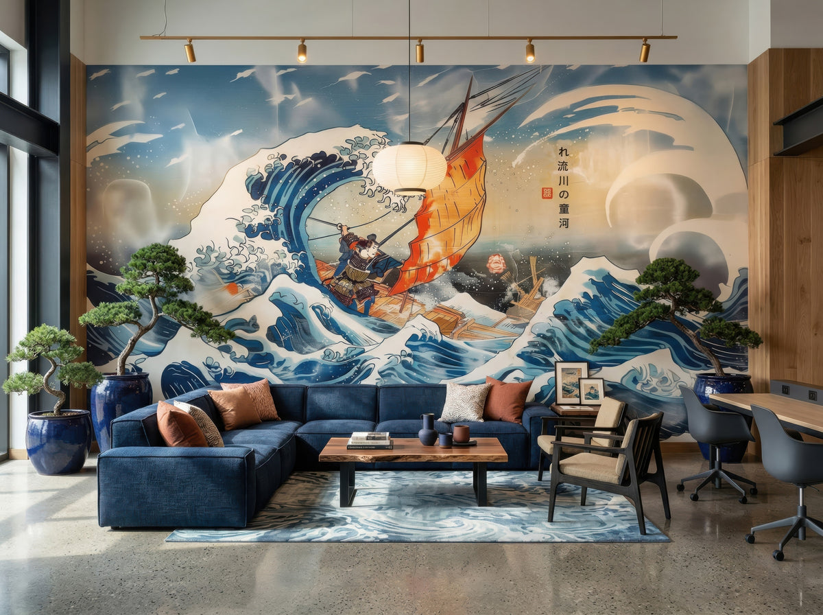 Japanese Inspired Waves & Sailboat wallpaper in a styled room, view 1