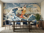 Japanese Inspired Waves & Sailboat wallpaper in a styled room, view 2